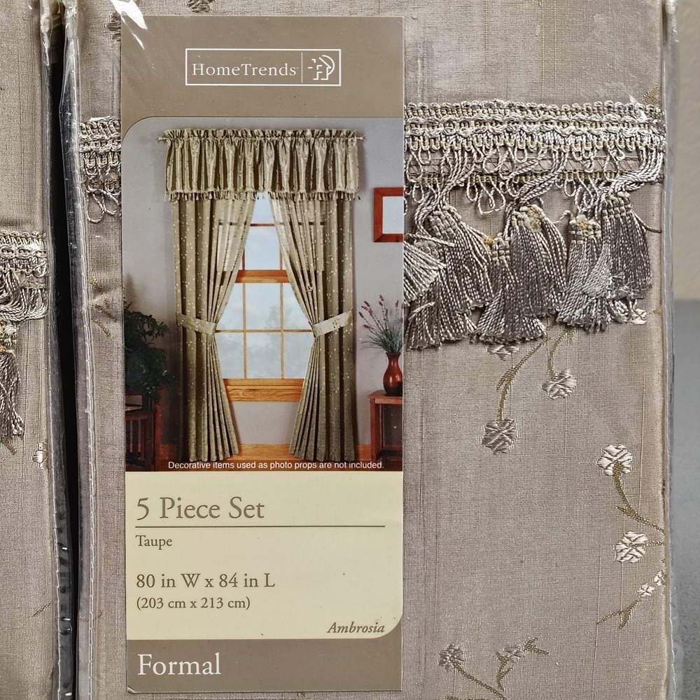 Home Trends 5 Piece Window Dressing Curtains Lot Of 2 Taupe Tasseled New 80x84